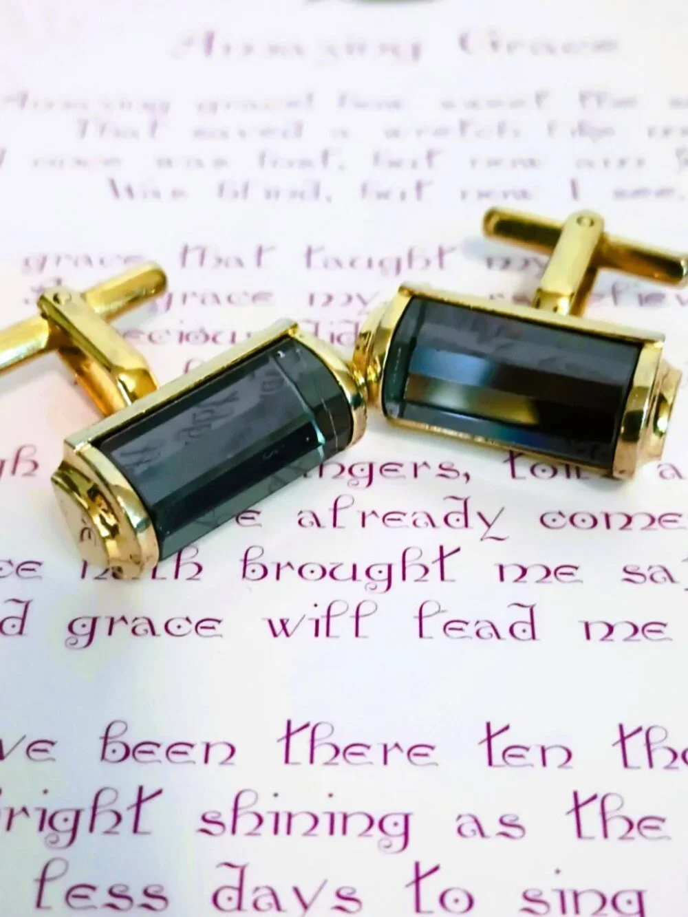 Gold Tone Rectangle Cufflinks with Blue Beveled Color Change Glass